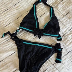 Betsey Johnson Black and Teal Bikini Set with Rose Detail